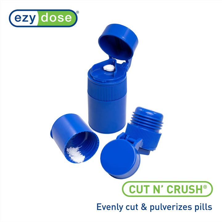 EZY DOSE 3 Compartment Pill Crusher, Cutter and Grinder, Daily Usage, Safely Cut Pills, Vitamins, Tablets, Accurate and Easy Cutting, Stainless Steel Blade, Removable Drinking Cup, Blue, BPA Free