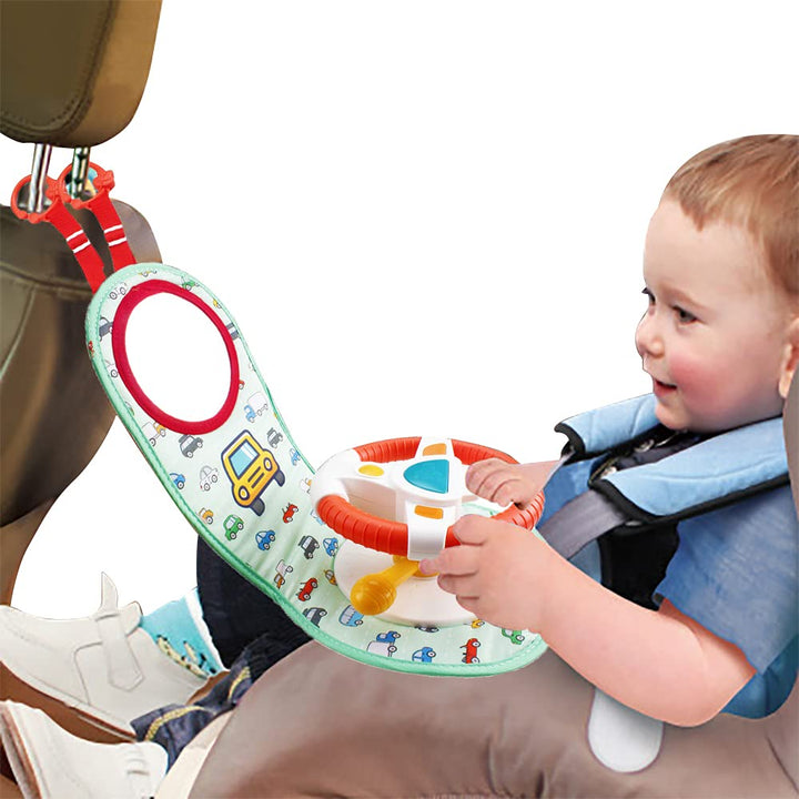 Car Seat Play Center Toy - Infant Toy Steering Wheel for Toddler Stroller Toy Baby Travel Companion Toy for Rear Car Seat Easier Drive Vehicle with Music, Light, Mirror