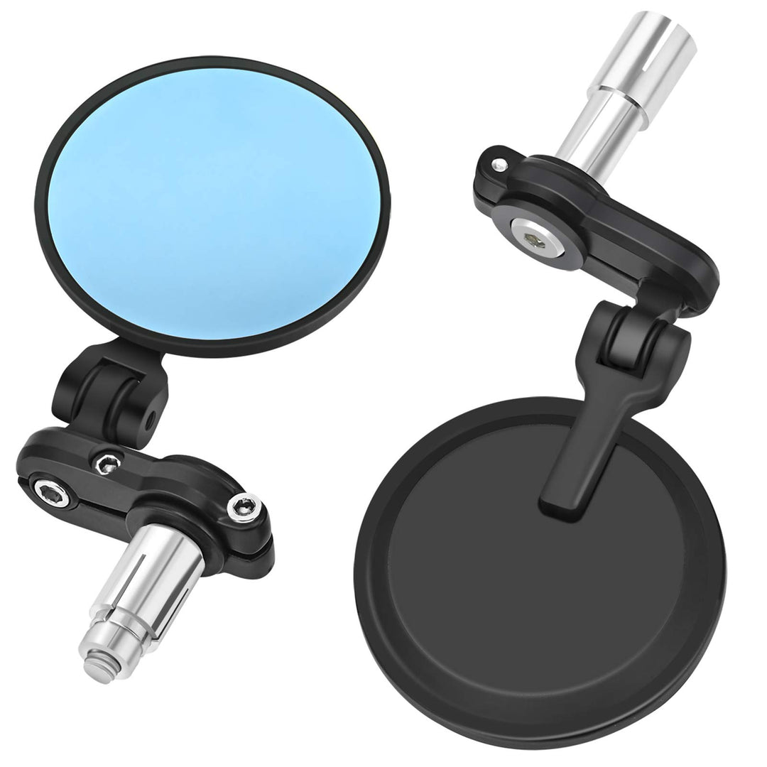 Trkimal Universal Motorcycle Mirrors Handle Bar Rear View Blue Mirrors - 3 Inch Round Folding Bar End Side Mirror Anti-Glare Compatible with Street Bikes Sports Scooter Chopper Cruiser