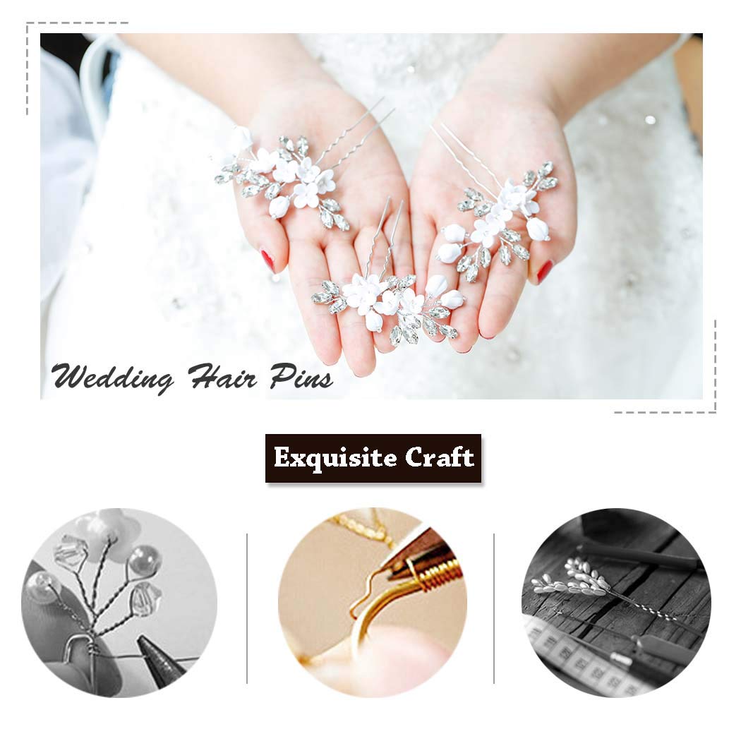 Barogirl Bride White Flower Wedding Hair Pins Clips Rhinestone Silver Bridal Hair Piece Accessories for Women, Set of 3