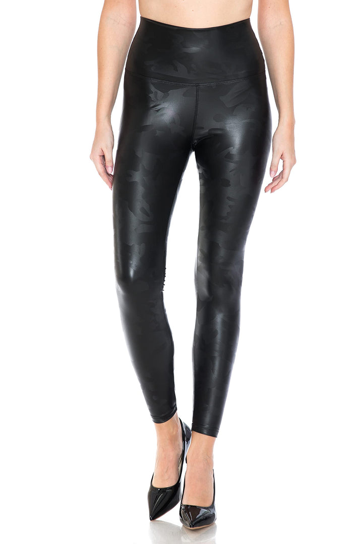 Women's High Waist Comfy Faux Leather Leggings Tights Stretchy Pleather Pants-FXLD-CAMOBLACK-L