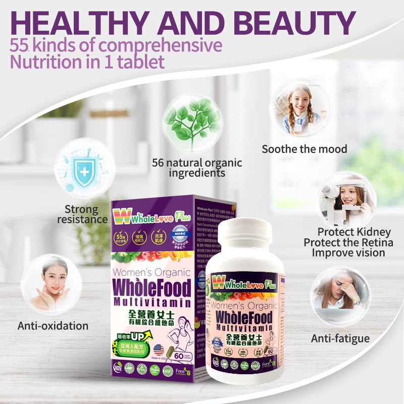 WholeLove Plus Women&#39;s Organic Whole Food Multivitamin, 60 Tables Health Supplements for Immune Support, Vitamin Vegan