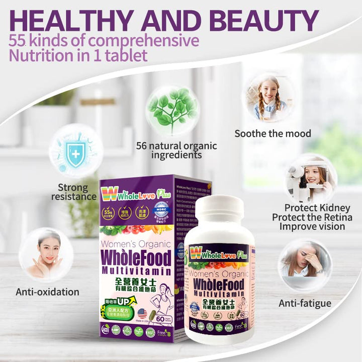 WholeLove Plus Women&#39;s Organic Whole Food Multivitamin, 60 Tables Health Supplements for Immune Support, Vitamin Vegan
