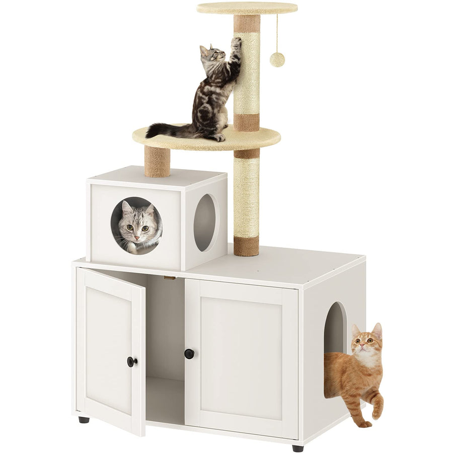 Cat Litter Box Enclosure, Large Litter Box Furniture with Cat Tree Tower and Condo, Cat House with Sisal Scratching Post and Soft Plush Perch, White