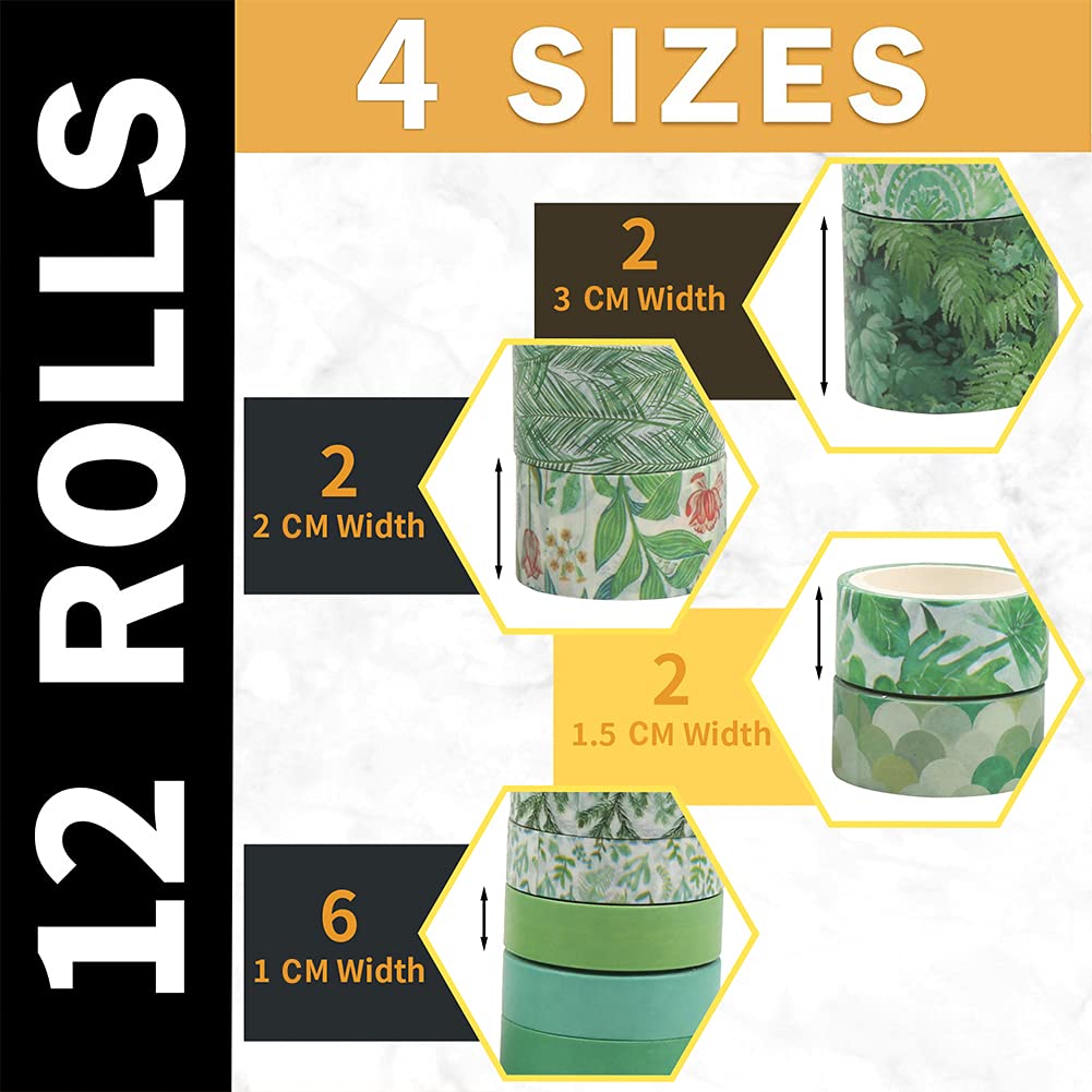 12 Rolls Washi Tapes, Green Plants Floral Cactus Decorative Tape for Scrapbooks Journals DIY Decoration and Craft Supplies