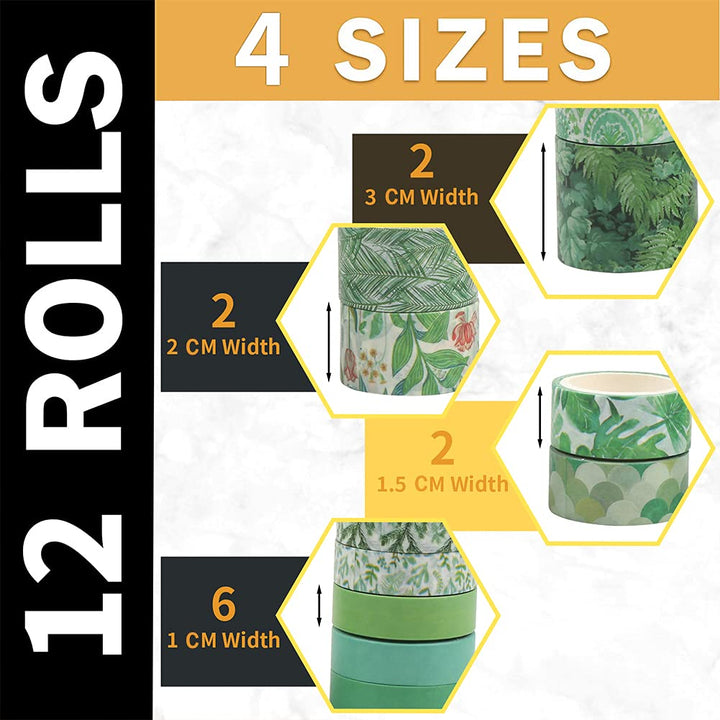 12 Rolls Washi Tapes, Green Plants Floral Cactus Decorative Tape for Scrapbooks Journals DIY Decoration and Craft Supplies