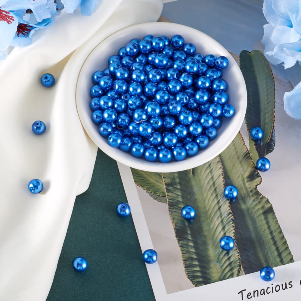 100pcs/strand 8mm Round Glass Pearl Beads Strand Tiny Satin Luster Pearl Beads Loose Spacer for DIY Bracelet Necklace Earrings Jewelry Making Crafts Supplies (Royal Blue)