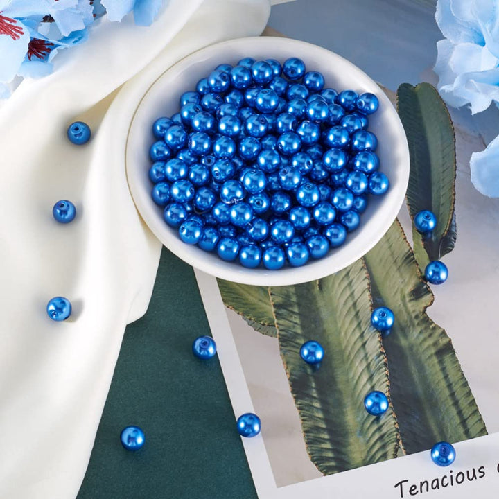 100pcs/strand 8mm Round Glass Pearl Beads Strand Tiny Satin Luster Pearl Beads Loose Spacer for DIY Bracelet Necklace Earrings Jewelry Making Crafts Supplies (Royal Blue)