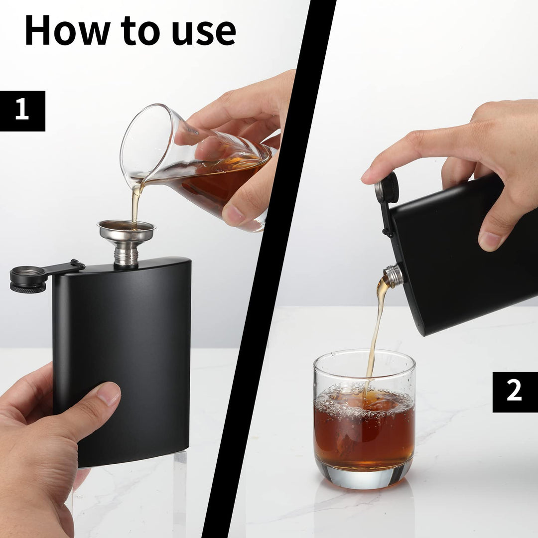 2 Pack Hip Flasks for Liquor, 8 Oz &amp; 12 Oz Stainless Steel Leakproof Thin Flasks with Funnel for Men &amp; Women (Matte Black)