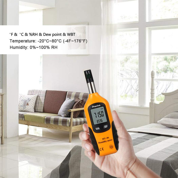 Preciva Digital Psychrometer Thermo-Hygrometer, LCD Mini Temperature and Humidity Meter with Dew Point and Wet Bulb Temperature Hygrometer for Industry, Agriculture, Meteorology (9V Battery Included)