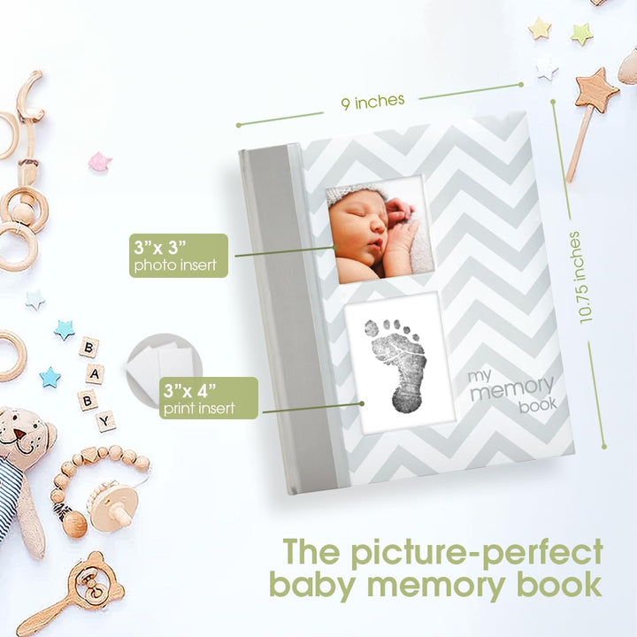 Pearhead Baby Memory Book, First 5 Years Baby Milestone Book, Pregnancy Journal, Newborn Baby Girl or Baby Boy Keepsake, With Clean-Touch Ink Pad For Baby's Handprint or Footprint, Gray Chevron