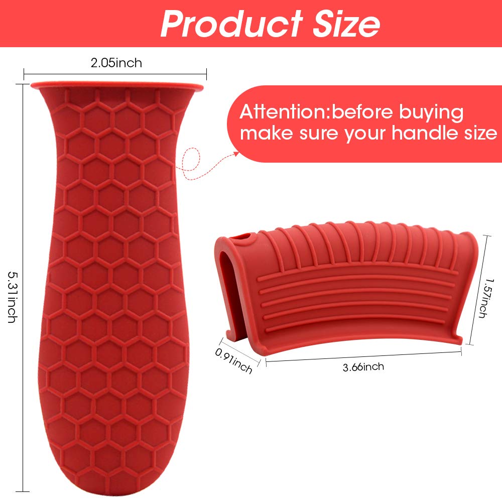Silicone Hot Handle Holder Cover Set Assist Pan Handle Sleeve Pot Holders Cast Iron Skillets Handles Grip Covers Non-Slip Heat Resistant for Griddles Metal Frying Pans Aluminum Cookware (L, Red)