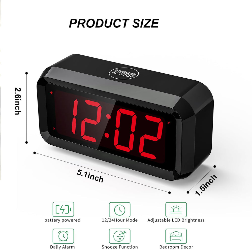 Alarm Clock,Digital Alarm Clock for Bedrooms,Battery Operated Clock,Adjustable 3 Brightness,1.2 inch LED Time Display, 12/24Hr, Cordless,Snooze (Black)