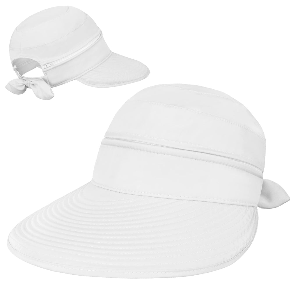 Women Sun Hat for Outdoor UV Protection, Wide Brim Sun Hat Ponytail, Convertible Zip-Off Beach Hat Visor for Golf Gardening Pool Travel, Foldable Summer UPF50+ Visor Hat, White