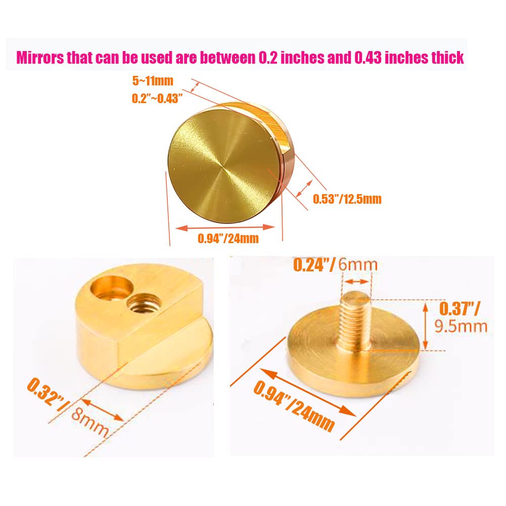 XXHong 4Pcs Bright Brass Mirror Clip, Mirror Clips for Dresser Bathroom Round Shape Wall-Mounted Mirrors Bracket Walls Fixed Fitting 5-11mm Thick Mirror Glass Hanging Clips