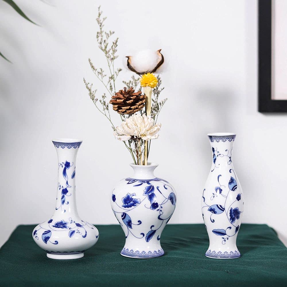 Chinese Ceramic Vase Set - Small Blue and White Porcelain Vases, Fambe Glaze Porcelain Vases Set of 3, Classic Ceramic Flower Vases for Home Table,Bookshelf, Cupboard Décor