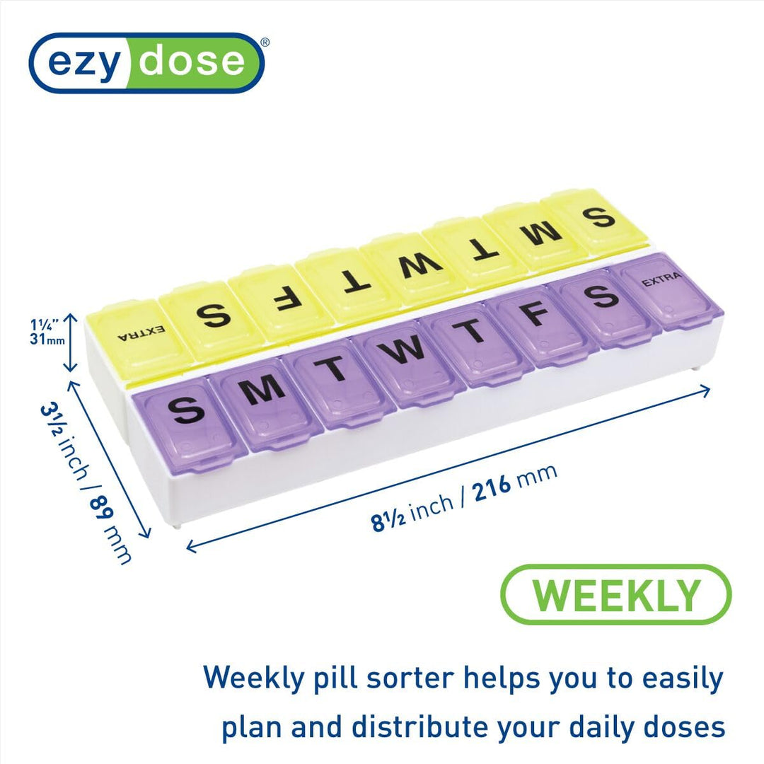 EZY DOSE Weekly (14-Day) Pill Case, Medicine Planner, Vitamin Organizer, Large Snap Compartments, Easy-To-Open, BPA Free, Color May Vary, BPA Free