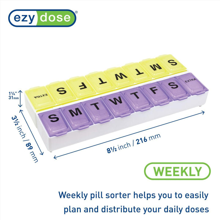 EZY DOSE Weekly (14-Day) Pill Case, Medicine Planner, Vitamin Organizer, Large Snap Compartments, Easy-To-Open, BPA Free, Color May Vary, BPA Free
