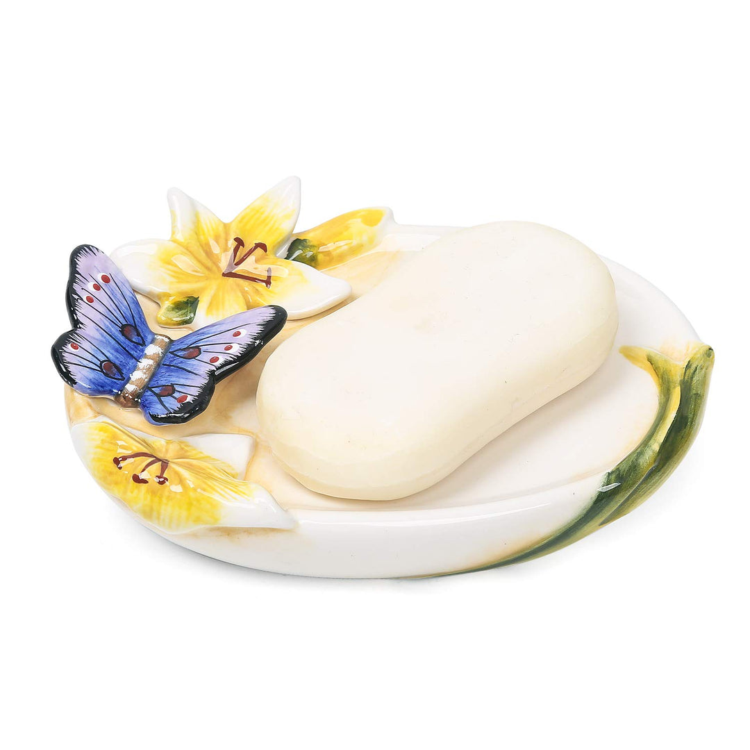 Ceramic Soap Dish Holder, for Bathroom,Tub and Kitchen Sink,3D Butterfly and Lily Design