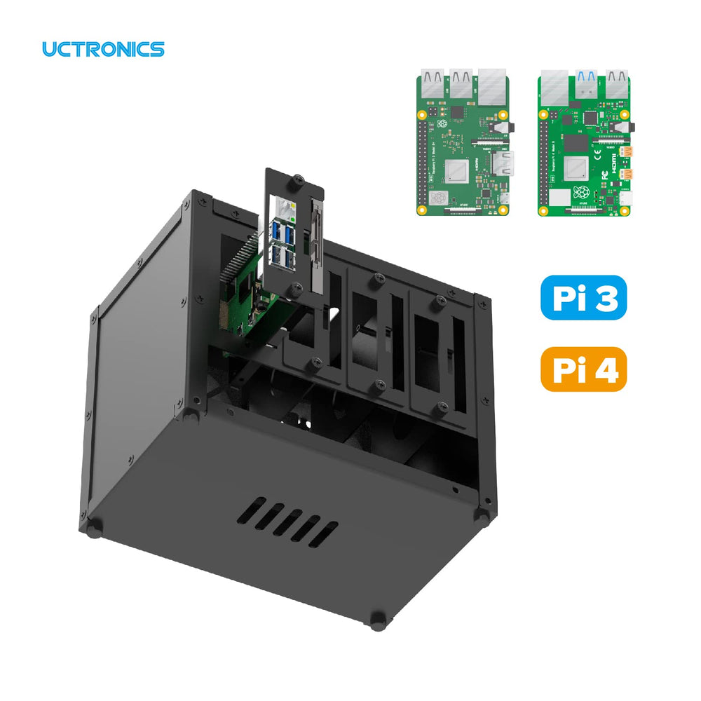 Upgraded Complete Enclosure for Raspberry Pi Cluster, with 4 Removable Mounting Brackets for Pi 5, 4B, 3B+/3B, and Other B Model and 2 Cooling Fans,support 4 2.5 SSD and Switch