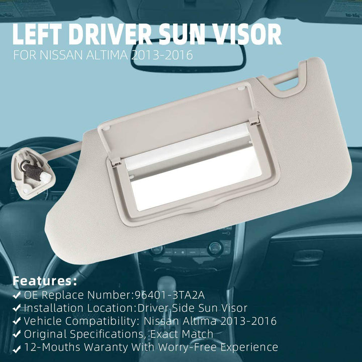 Dasbecan Gray Left Driver Side Sun Visor Compatible with Nissan Altima 2013 2014 2015 2016 2017 2018 with Mirror and Vanity Light Without Sunroof Replaces# 96401-3TA2A
