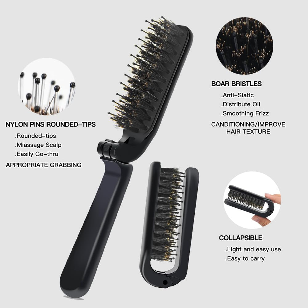 Travel Hair Brushes Folding Hair Brush with Boar Bristle Portable Pocket Size Brushes
