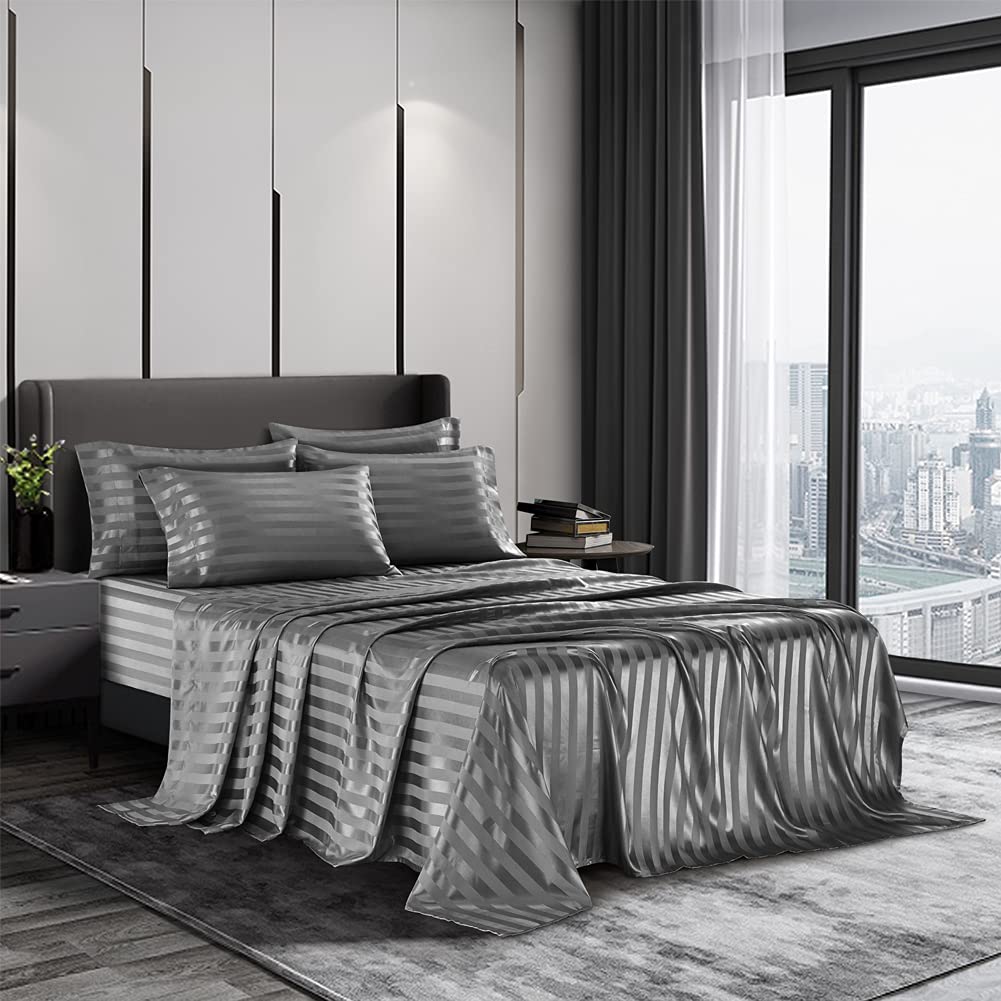 6 Piece Satin Italian Style Bed Sheet Set Deep Pocket Stripes 1800 Luxury Rich Silk 1 Flat Sheet 1 Fitted Sheet 4 Envelope Pillowcases Stain-Resistant Wrinkle Free (King, Grey)