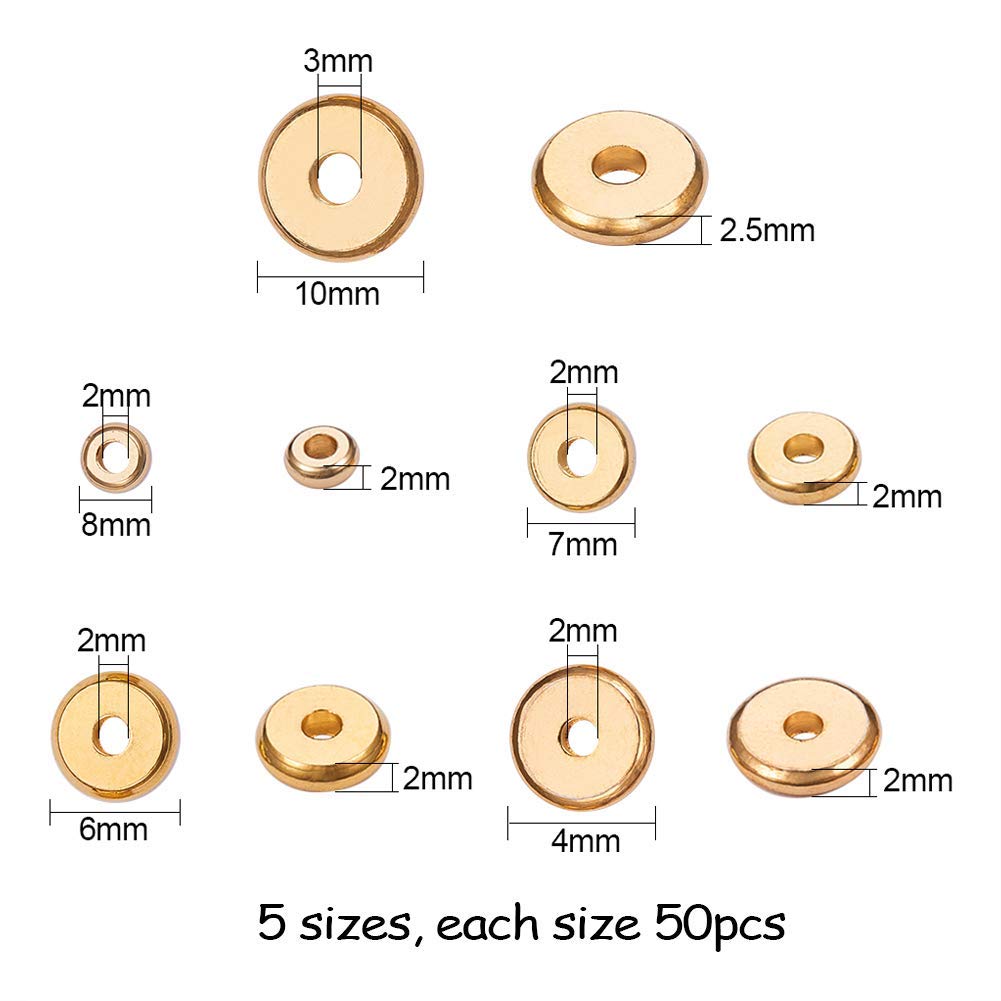 250pcs 5 Size Flat Round Golden Brass Disc Rondelle Spacer Beads Jewelry Metal Spacers for Bracelet Necklace Jewelry Making