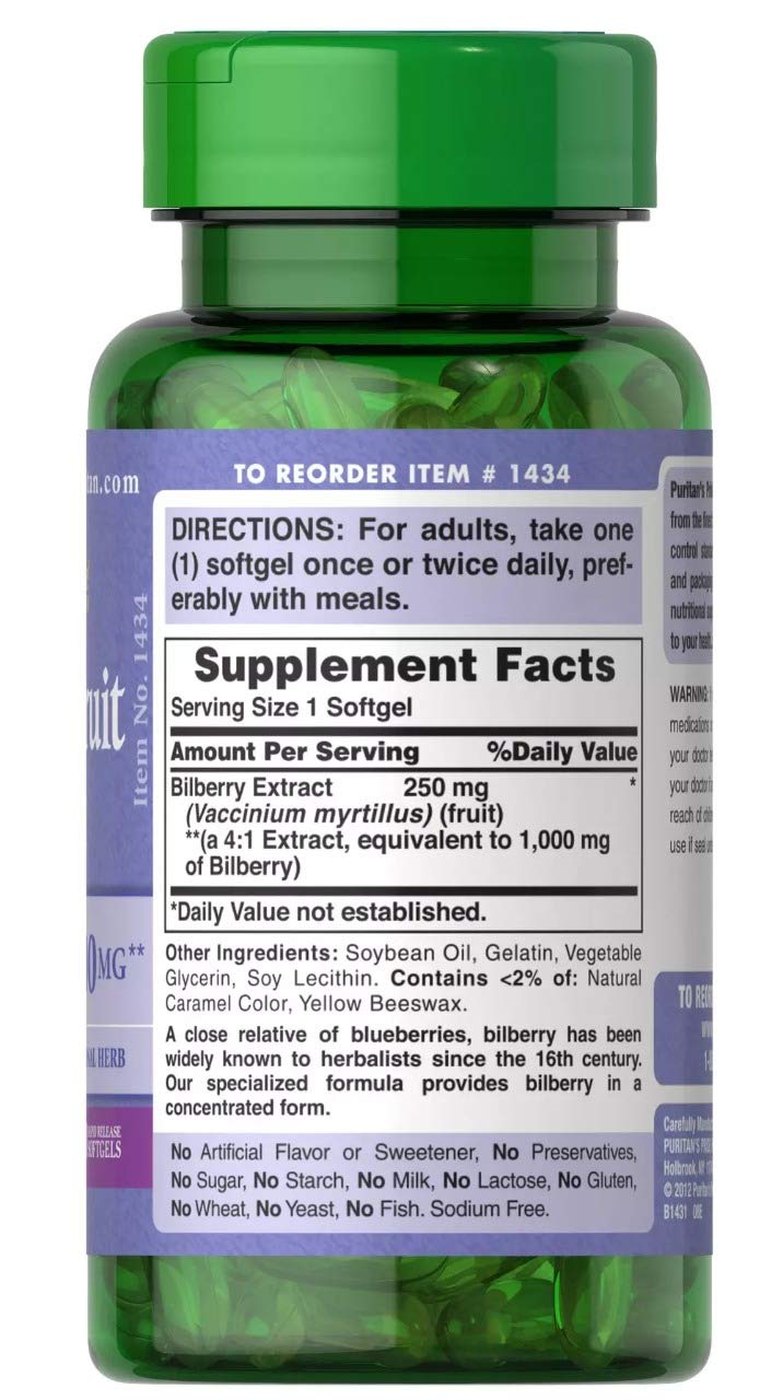 Puritan&#39;s Pride Bilberry 4:1 Extract 1000 mg-90 Softgels