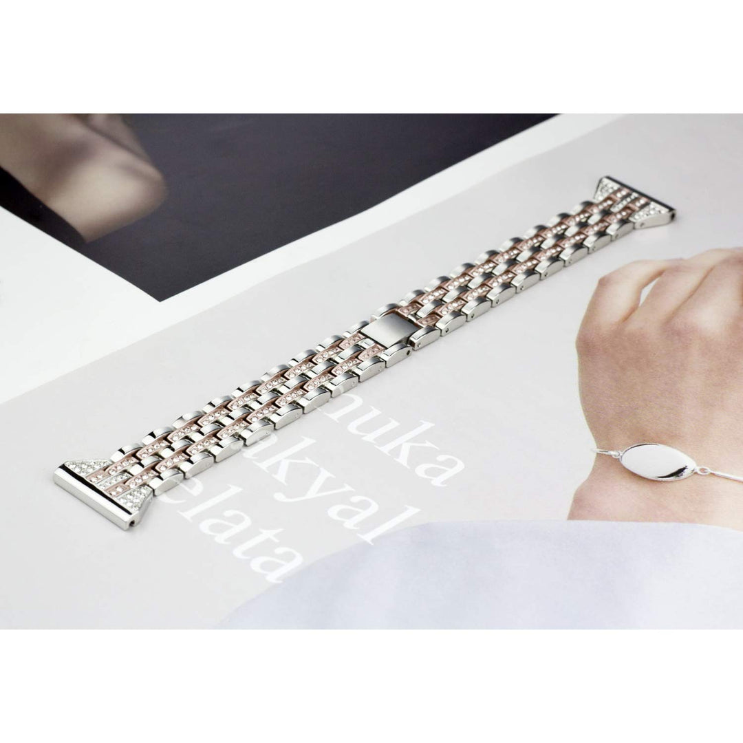 Bands Compatible with Fitbit Versa 2/Versa Lite/Versa, Women Replacement Metal Rhinestone Bling Bracelet Wristband, Silver with Rose Gold