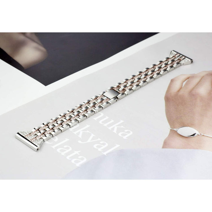 Bands Compatible with Fitbit Versa 2/Versa Lite/Versa, Women Replacement Metal Rhinestone Bling Bracelet Wristband, Silver with Rose Gold