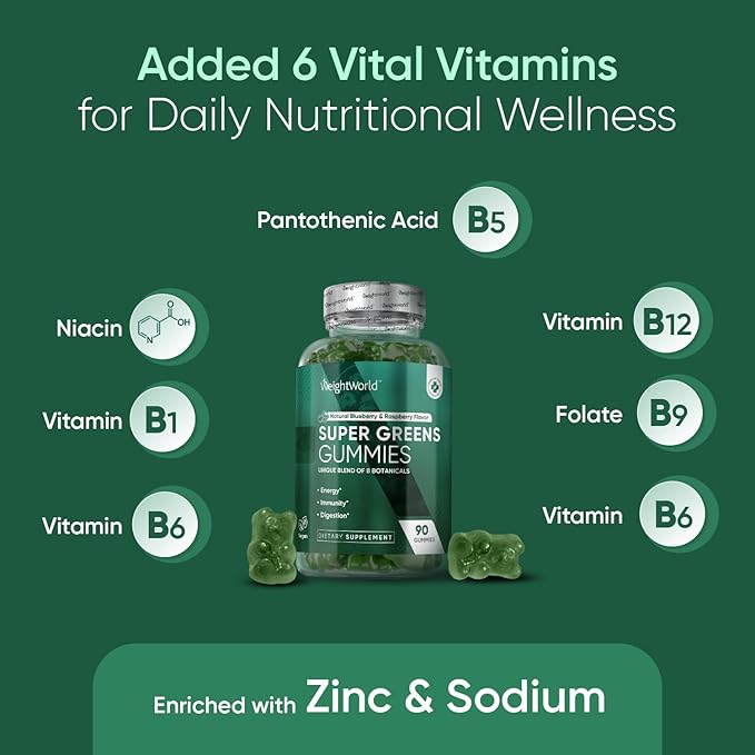 WeightWorld Super Green Gummies - 90 Vegan Gummies (45 Days Supply) - Daily Green Supplements for Energy, Immunity & Digestion - Natural Blueberry & Raspberry Flavor - Non-GMO & Gelatin-Free