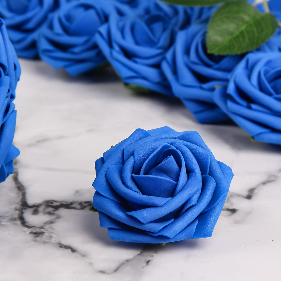 Blue Fake Rose Flowers in Bulk,30 Pcs Artificial Foam Flowers with Stem for Wedding Centerpieces,DIY Bouquets,Craft and Home Floral Arrangement Decorations