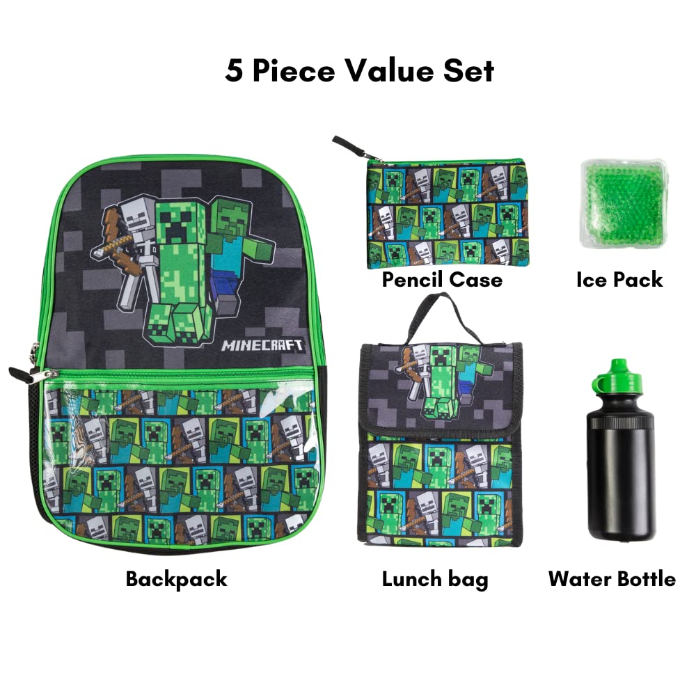 Minécraft Backpack Set with Lunch Box for Boys & Girls, 16 inch, 5 Piece Value Set