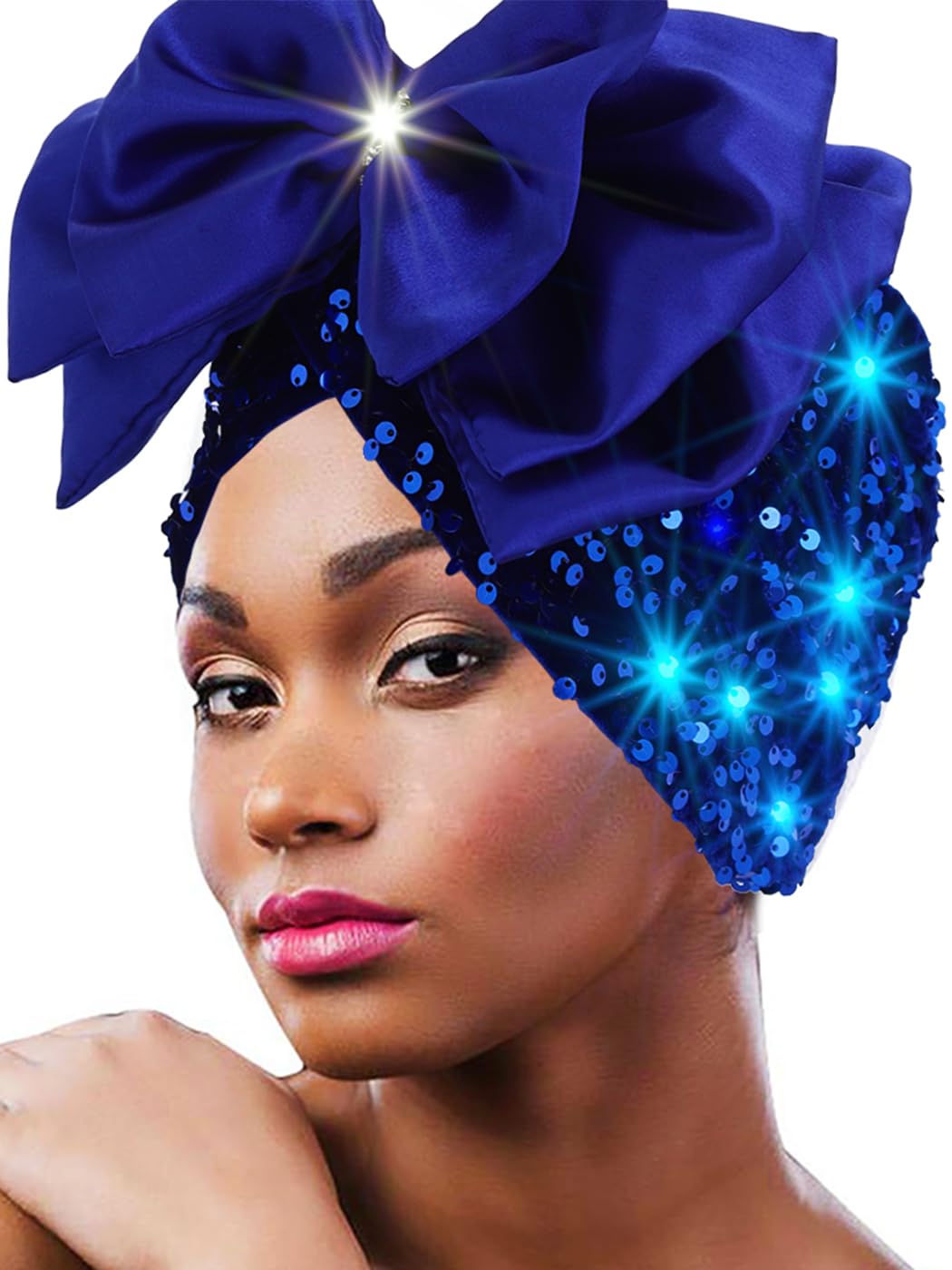 Head Wrap Bow Turban Sequin Beanie Headwrap Hat Pre-Tie Head Scarf for Women