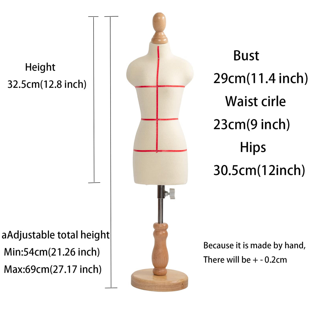 Female Dress Form Mannequin(Not Full Size Body Height 12.8 inch for Sewing, 1/3 Size Female Tailor Dressmaker Dummy for Pattern Making Fully Pinnable Mannequin with Wooden Stand (1/3)