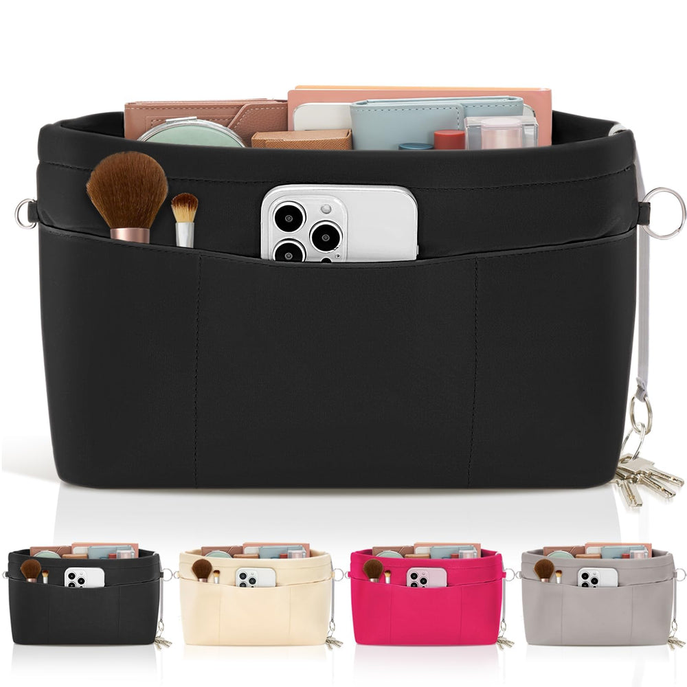 Purse Organizer Insert with Zipped Top for Tote Bag, Handbag Shaper with 13 Pockets, Black M