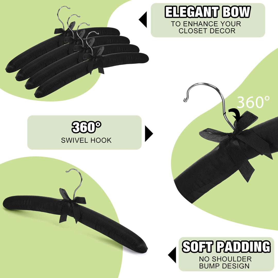 24 Pieces Satin Padded Hangers Satin Hangers with Anti-Rust Swiveling Hook Shoulder Hangers for Hanging Dresses, Sweaters, Suits and More (Black)