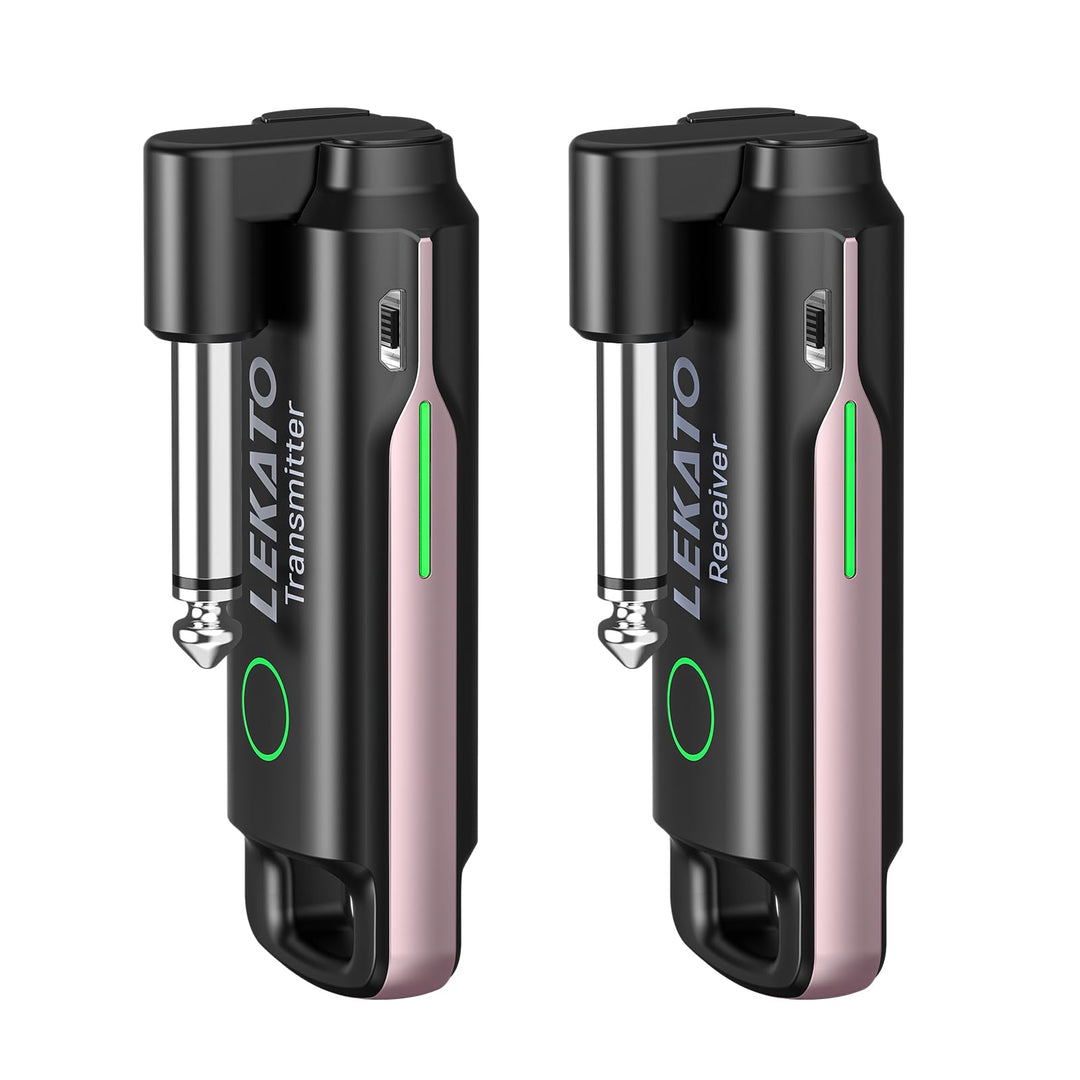 Wireless Guitar System, UHF Audio Wireless Guitar Transmitter and Receiver Rechargeable Wireless Guitar Transmitter Receiver with 70 Channels for Guitar Bass Electric Instruments (Pink)