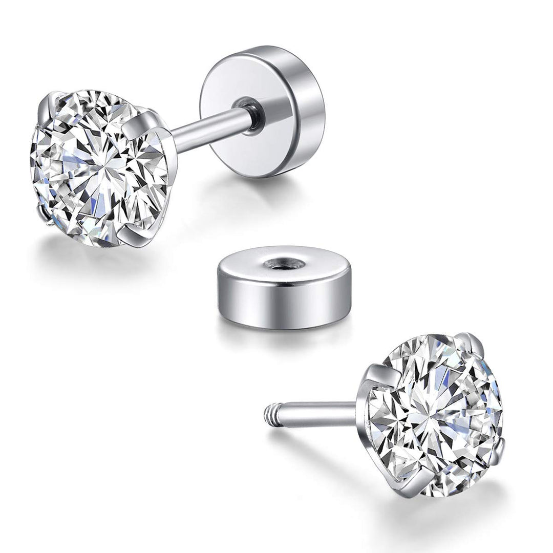 8 Pairs Tiny Flat Back Earrings for Women Men Surgical Stainless Steel Stud Earrings Set Cubic Zirconia Cartilage Earring Hypoallergenic (Silver, 2mm CZ)