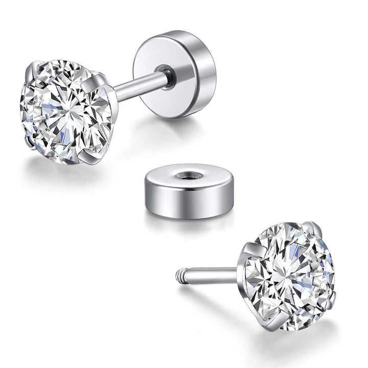 8 Pairs Tiny Flat Back Earrings for Women Men Surgical Stainless Steel Stud Earrings Set Cubic Zirconia Cartilage Earring Hypoallergenic (Silver, 2mm CZ)