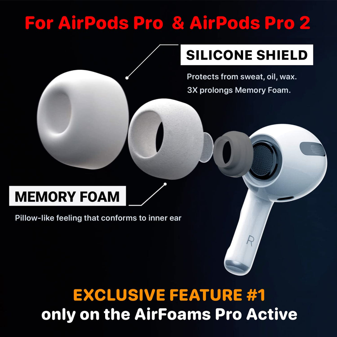 Patented Design Memory Foam Ear Tips for AirPods Pro and AirPods Pro 2 w/Silicone Shield. AirFoams Pro Active 2.0 Lasts 5X Longer. Replacement Tip. As seen on Kickstarter. (S/M/L, White)