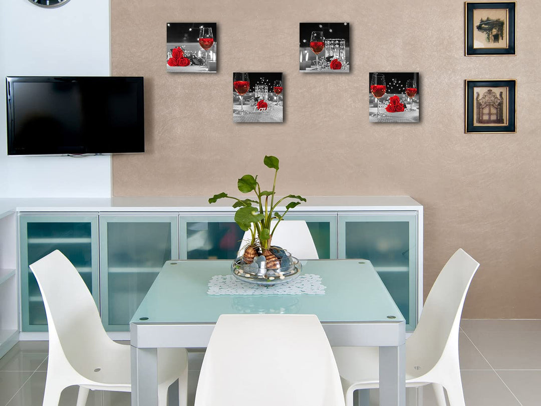 Kitchen Canvas Wall Art Prints Black and White Wine Rose Floral Painting Picture for Dining Room Restaurant Wall Decor (12x12-4Pcs, Red)