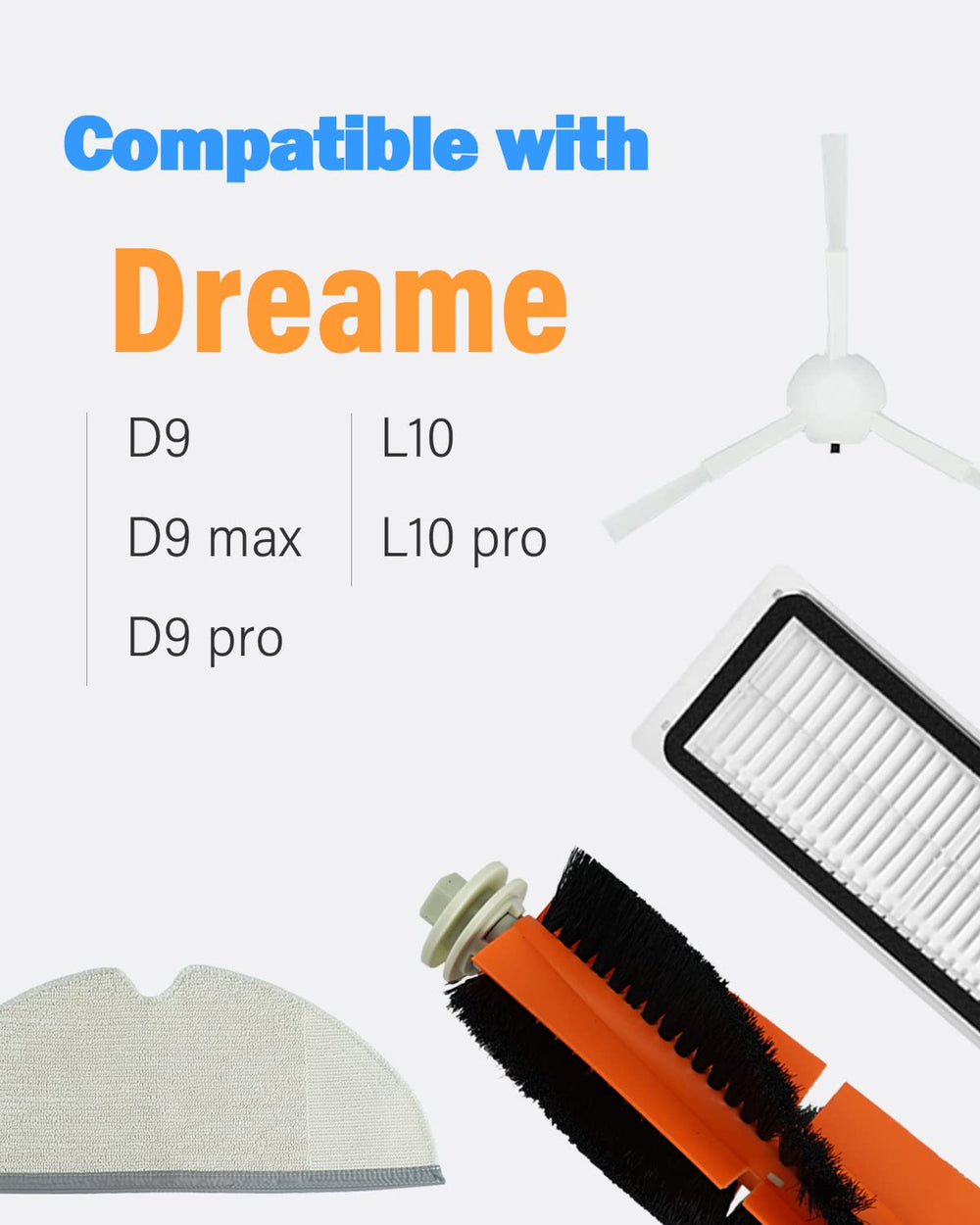 Replacement Parts fit for Dreame D9,D9 max,D9 pro,L10,L10 pro, Filters Main Rolling Brushes Side Brush Mop Clothes Clearning Pads Accessories(Pack of 13)