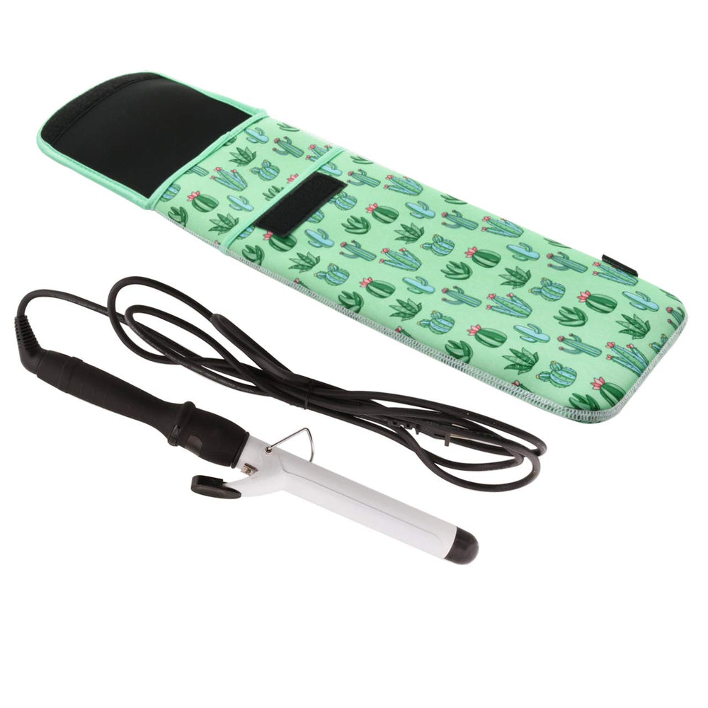 Bluecell Heat Resistant Neoprene Curling Iron Holder Cover Bag Flat Iron Curling Wand Travel Case Pouch 15 x 5 Inches (Green Cactus Pattern)