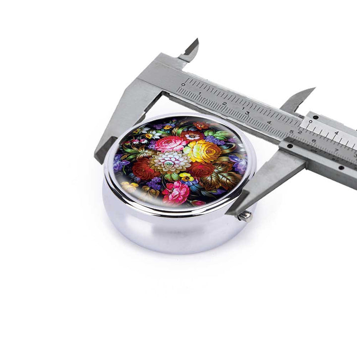 Round Stainless Steel Pill Box Case -Colorful Peony Pai