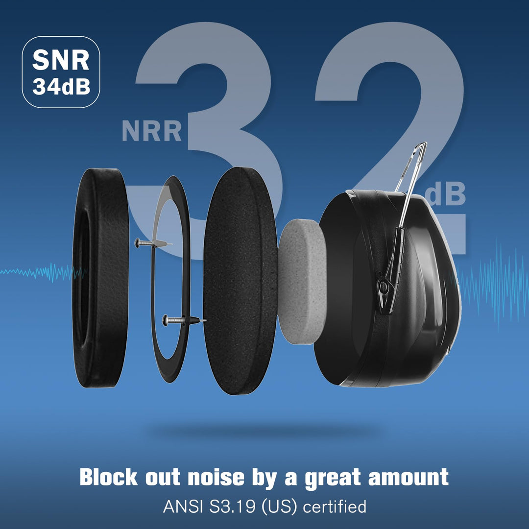 Ear Protection Earmuffs, NRR 32 dB Noise Cancelling Headphones Adults Autism, Adjustable Sound Blocking Headphones Hearing Protection Ear Muffs for Shooting Mowing Construction -Black