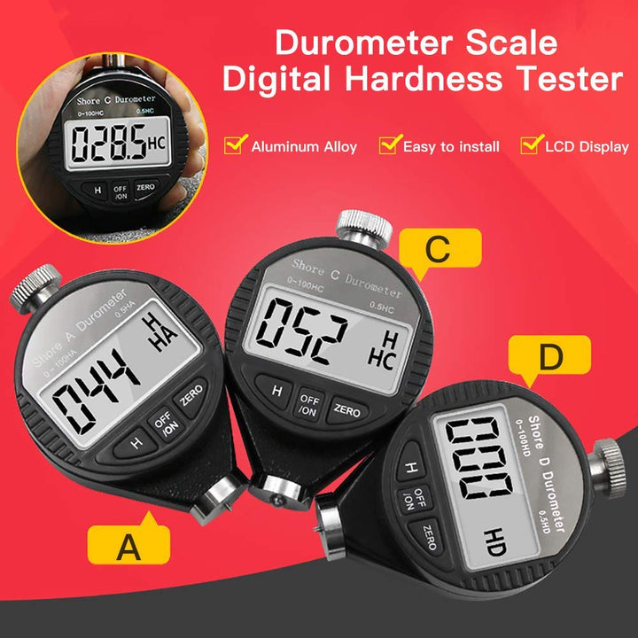 Portable 0-100HD Shore A/C/D Hardness Digital Hardness Meter Durometer Hardness Tester with Large LCD Display for Rubber, Tire, Plastic, Thermal Plastic, Flooring, Bowling balll (A Hardness)