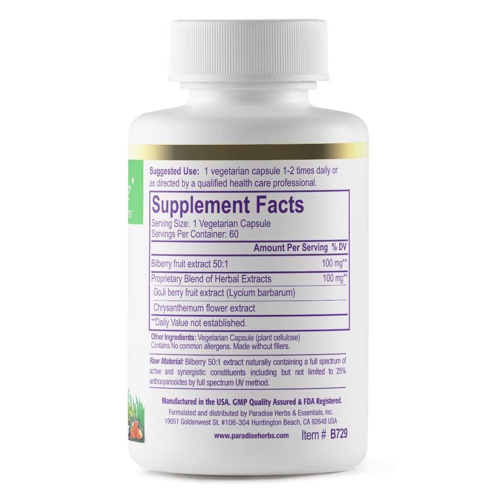 Bilberry with Goji & Chrysanthemum Supplements, Super Potent, Ultra Pure, Non-GMO, Gluten Free, Vegan, 60 Vegetarian Capsules