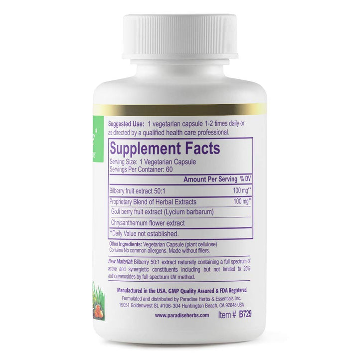 Bilberry with Goji &amp; Chrysanthemum Supplements, Super Potent, Ultra Pure, Non-GMO, Gluten Free, Vegan, 60 Vegetarian Capsules